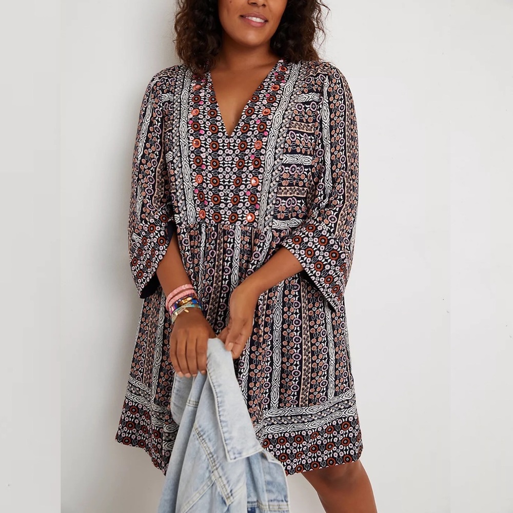 Anthropologie Maeve Naomi Embroidered Sequined Boho Printed Tunic Dress